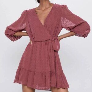 Zara Wine Dotted Mesh Jumpsuit Dress Riffled Tied Wrap Mini XS